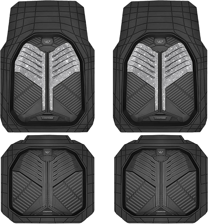 CAR PASS Heavy Duty Rubber Car Mats, Deep Dish Car Floor Mats All Weather Car Mats Full Set 4-Piece Trim to Fit for Sedan SUV Truck Sports Waterproof Anti-Slip Automotive Mats Black and Silver Glitter