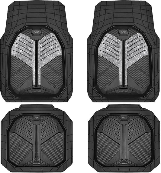 CAR PASS Heavy Duty Rubber Car Mats, Deep Dish Car Floor Mats All Weather Car Mats Full Set 4-Piece Trim to Fit for Sedan SUV Truck Sports Waterproof Anti-Slip Automotive Mats Black and Silver Glitter