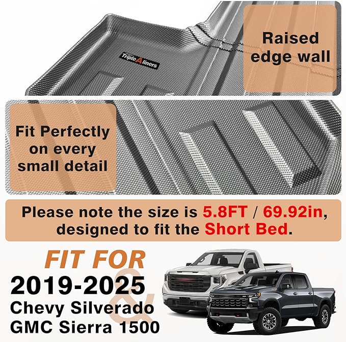TripleAliners Truck Bed Mat Compatible with 2019-2024 2025 2026 Chevy Silverado/GMC Sierra 1500 Accessories 5'8'' Vehicle Bed Perfectly Flush All Weather Protection TPE Heavy Duty Pickup Cargo Mat