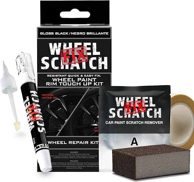 Wheel Scratch Fix® Gloss Black Rim Touch Up Paint, Wheel Scratch Repair Kit, Alloy Curb Rash Repair Kit, Rim Touch Up Pen, Universal Wheel Paint, DIY Alloy Rim Repair (Gloss Black)