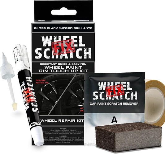 Wheel Scratch Fix® Gloss Black Rim Touch Up Paint, Wheel Scratch Repair Kit, Alloy Curb Rash Repair Kit, Rim Touch Up Pen, Universal Wheel Paint, DIY Alloy Rim Repair (Gloss Black)