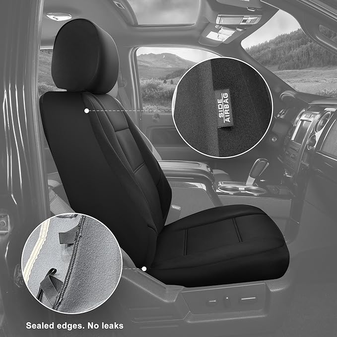 GIANT PANDA Neoprene Front Car Seat Covers, Leak-Proof & Waterproof Car Seat Protector Fit 95% Cars Trucks Sendans Jeep Van SUV Pickup（Black） 2PCS