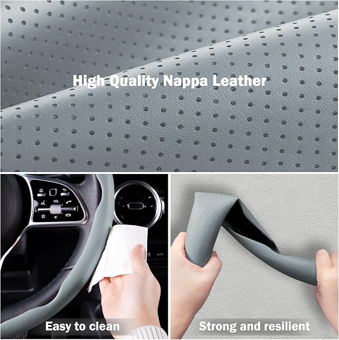 Nappa Leather Car Steering Wheel Cover for Men Women, Ultra-Thin Non-Slip Breathable Microfibre, Universal for 14.5"-15" Steering Wheel - Gray