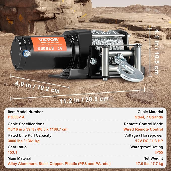 VEVOR ATV Winch, 3000 lb Electric Winch, 12V Small ATV UTV Winch with 3/16 in x 39 ft Steel Cable Roller Fairlead Wired Remote Control, IP55 Waterproof for Towing UTV ATV Car Vehicle Off-Road