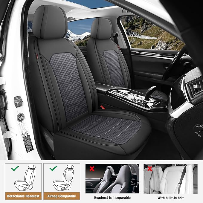 CAROMOP Premium PU Leather&Flannel Car Seat Covers 2 Front Set with Breathable Cloth,Universal Fit for Most Car Interior Covers-Sedan Truck SUV(Black/Grey)