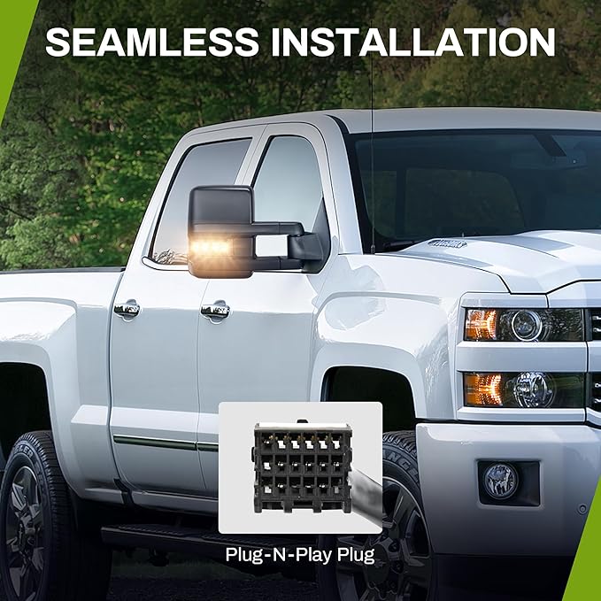 AUTOSAVER88 Towing Mirrors Compatible with 2014-2018 Silverado Sierra 1500 2500HD 3500HD Power Heated Smoke LED Turn Signal Manual Telescoping Folding Clearance Light Reverse Light Black Housing