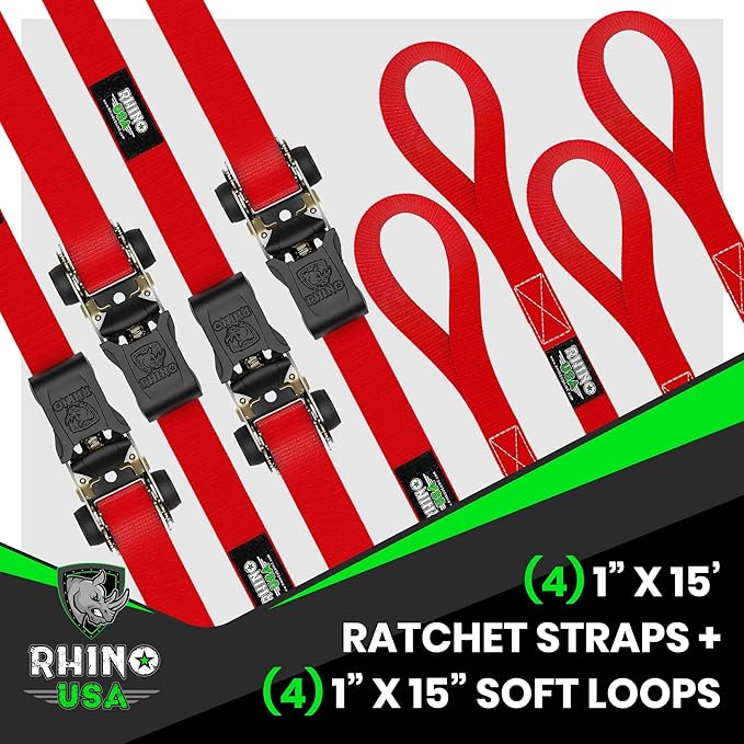 Rhino USA Ratchet Straps Tie Downs (4-Pack) - 1 Inch x 15 Feet (1,823lb Break Strength) - Ultimate Tie Down Straps with Safety S Hooks - for Trucks, Cargo, Moving, Appliances - Red