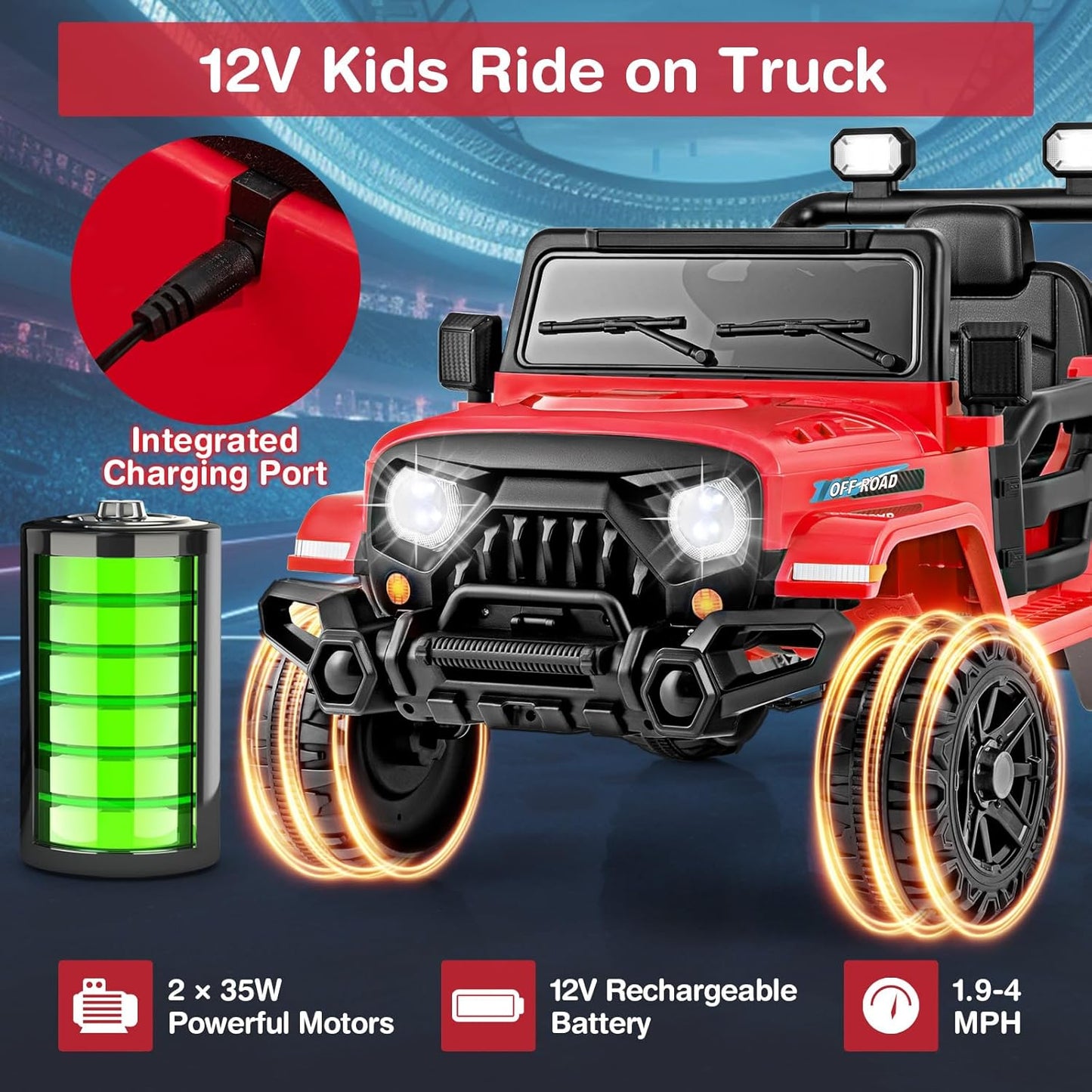 Costzon 12V Kids Ride on Truck Car, Electric Vehicle w/Remote Control, Threaded Wheels, 3 Speeds, LED Lights, Music, Horn & Wireless Connection, Battery Powered Ride on Toy for Boys & Girls 3+ (Red)