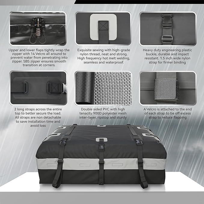 MARCHWAY Waterproof Car Roof Luggage Bag, Weatherproof Soft Shell Rooftop Cargo Carrier Bag for Vehicles with or Without Rack. 6 Door Hooks, Anti Slip Mat, Lock Included (21 Cubic Feet, Black)