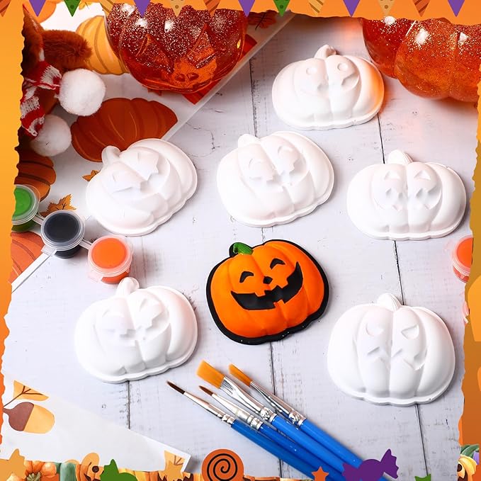 Foilswirl 24 Set Pumpkin Ceramic to Paint Halloween DIY Painting Kit Ready to Paint Pumpkin Crafts Unpainted Ceramics Figures with Brushes Acrylic Bags for Halloween Thanksgiving Party Decoration