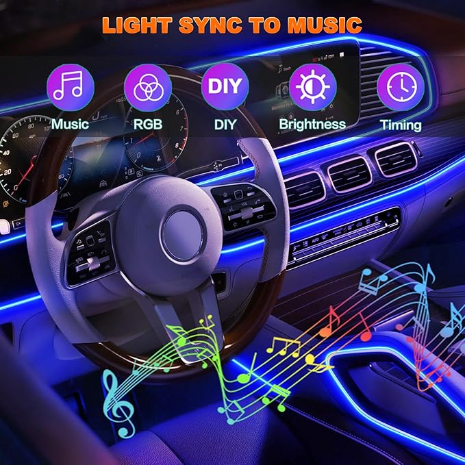Car LED Lights, Interior Car Lights with Wireless APP/RF Remote/Button Control, Car Ambient Lighting Kit with 315" Integrated Molding Fiber Optic RGB Sync to Music (6 in 1-USB)