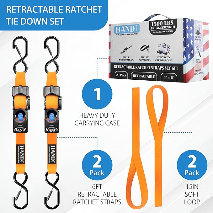 HandT USA Based Retractable Ratchet Straps (2PK) 1in x 6ft - 1,500lb Break Strength, Heavy Duty Automatic Ratchet Straps Self Retractable Tie Down, Push Button Retracting Truck Trailer Cargo | Orange