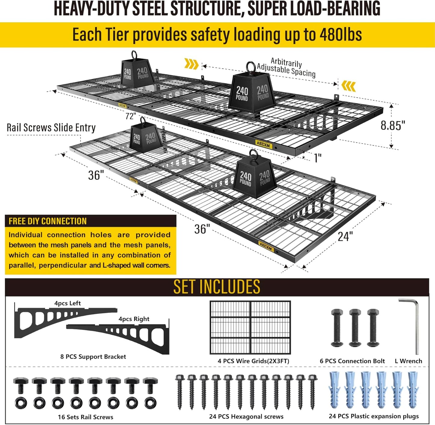2x3ft 4Pack Wire Shelving Unit Heavy Duty Garage Storage Shelves Wall Mounted Black 1120lbs Load Capacity（24-inch-by-36-inch）