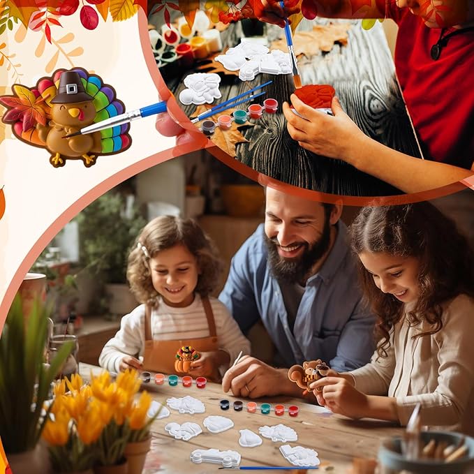 Foilswirl 24 Set Thanksgiving Turkey Ceramic to Paint Thanksgiving DIY Painting Kit Paint Your Own Fall Pumpkin Crafts Unpainted Turkey Figurine Plaster with Brushes Bags for Decor Party Favor Gifts