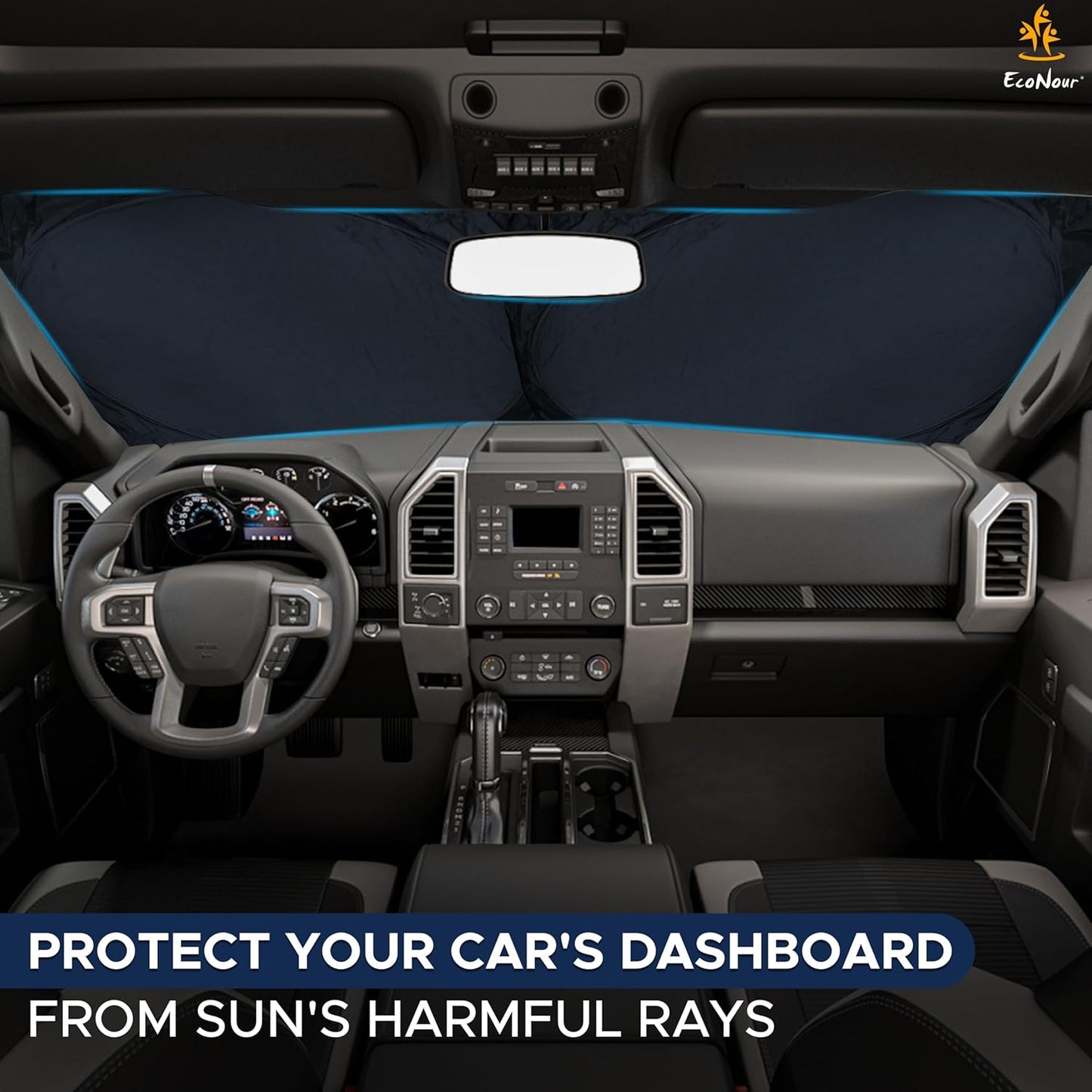 EcoNour Truck Windshield Sun Shade with Storage Pouch | Reflective 240T Material Sun Shield for UV & Heat Protection | Foldable Windshield Cover | Must-Have Truck Accessories | X-Large (69"x35")