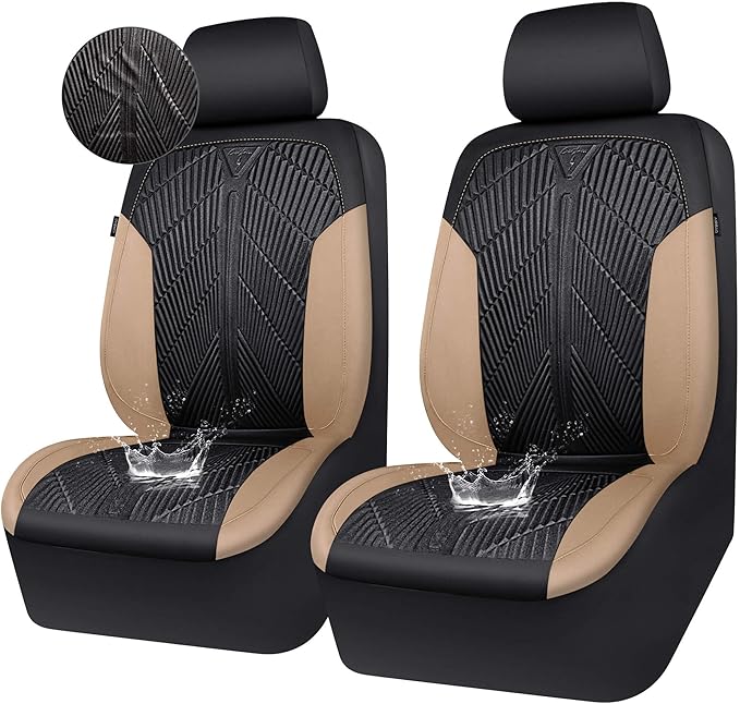 CAR PASS Waterproof Black Beige Car Seat Covers Front Seat Covers Neoprene Wetsuit,All-Weather Non-Slip Durable,Universal Fit for SUV Sedans Trucks Automotive,Airbag Compatible,3D Emboss Black Beige