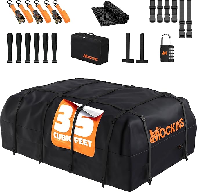 Mockins 35 Cu.Ft. Black Waterproof Rooftop Cargo Carrier Bag | 60"x42"x24" Car Roof Bag for Use with or w/o Roof Rack | Car Topper Luggage Carrier Waterproof Storage Set w/Mat, Straps, Hooks, & More
