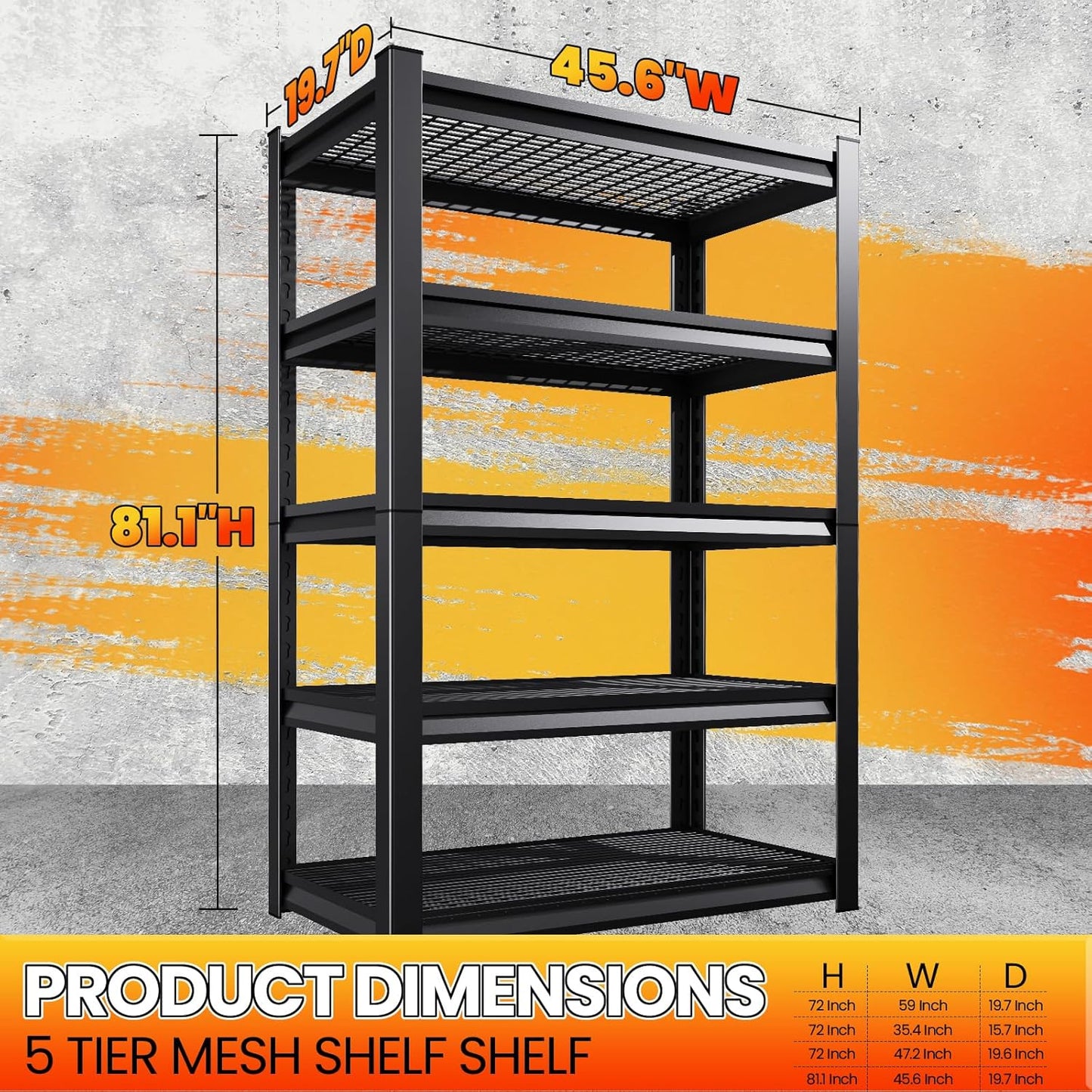 Large Garage Shelving, 5-Tier Garage Storage Shelves 3000LBS Heavy Duty Shelving Unit, Adjustable Steel Metal Shelving, Wire Shelves for Garag, Utility Rack Shelf for Basement, 81.1 ”H×45.7”W×19.7”D
