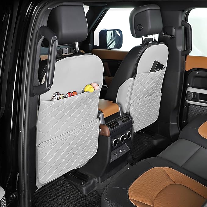 Seat Back Protector + Large Capacity Pocket Storage Organizer,Preventing the Impact of Children Stepping on the Seat Backrest (Cream White)