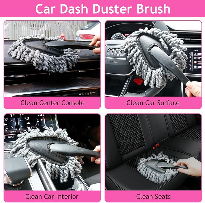 THINKWORK Pink Car Duster Interior Kit, Perfect Car Detailing Brush Kit for Cleaning Windows,Windshield,Dashboard and Air Vents Suitable for All Cars