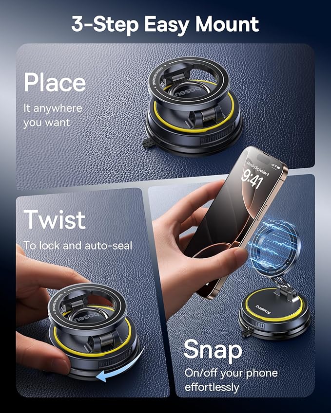 Baseus for Magsafe Car Mount, Vacuum 119LBS Magnetic Suction Cup Phone Holder for Car, 720° Adjustable Foldable Cell Phone Holder with Reusable Washable Gel for Car & for iPhone 17 16 15 14 13 Pro Max