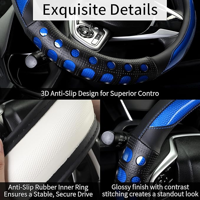 Leather Car Steering Wheel Cover with Anti-Slip Grip, for Women and Men, Universal Fit for 14.5-15 Inch Cars, Trucks, SUVs (Blue (Round), Medium(Standard) Size[14 1/2''-15''])