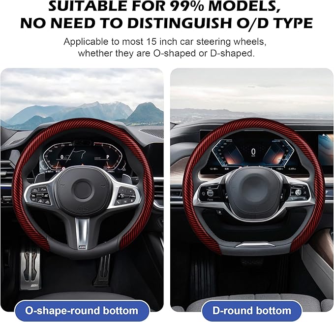 frani Leather Steering Wheel Cover, Universal 15 Inch Premium Non-Slip Steering Wheel Cover Red Carbon Fiber Texture