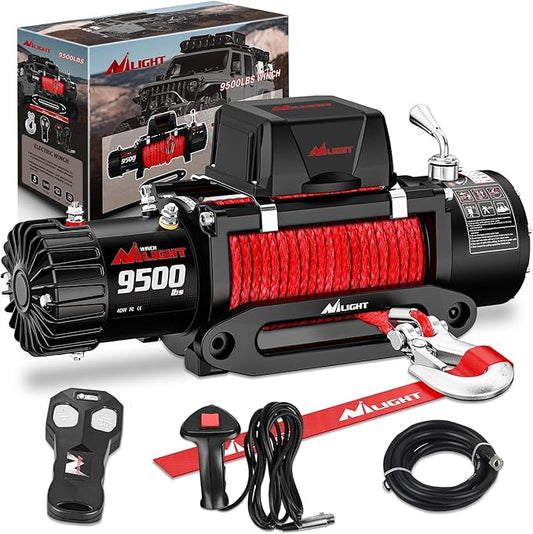 Nilight Electric Winch 12V Waterproof IP68 Towing Winches for Trailer Jeep ATV UTV Truck SUV 9500 LBS Portable Badlands Winch with Synthetic Rope Hawse Fairlead Wired Handle Wireless Remote Red Rope