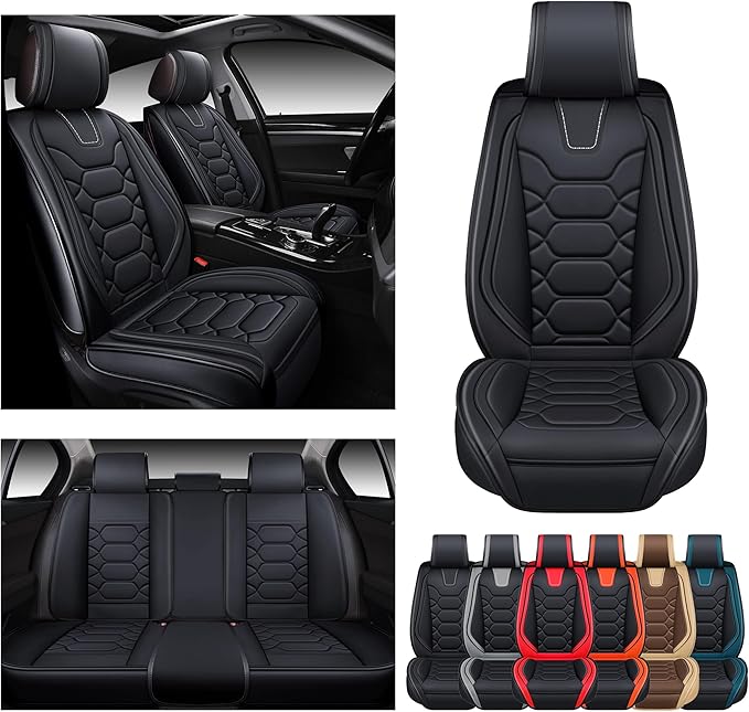 OASIS AUTO Car Seat Covers Full Set, Waterproof Faux Leather Seat Covers for Cars Universal Fit for SUV, Truck, Sedan, Black Premium Car Seat Protector with Front & Back Cushions