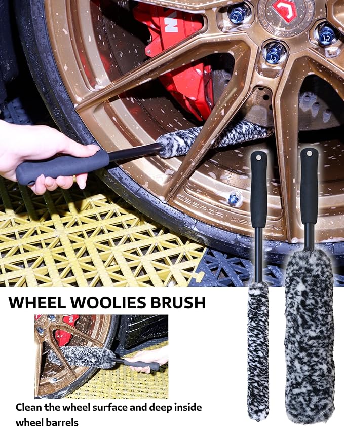 PRO Choice 4 Pack Long Handle Wheel Brush Kit for Cleaning Wheel and Tire- 2X Soft Wheel Cleaning Brush, Detailing Brush and Stiff Tire Brush