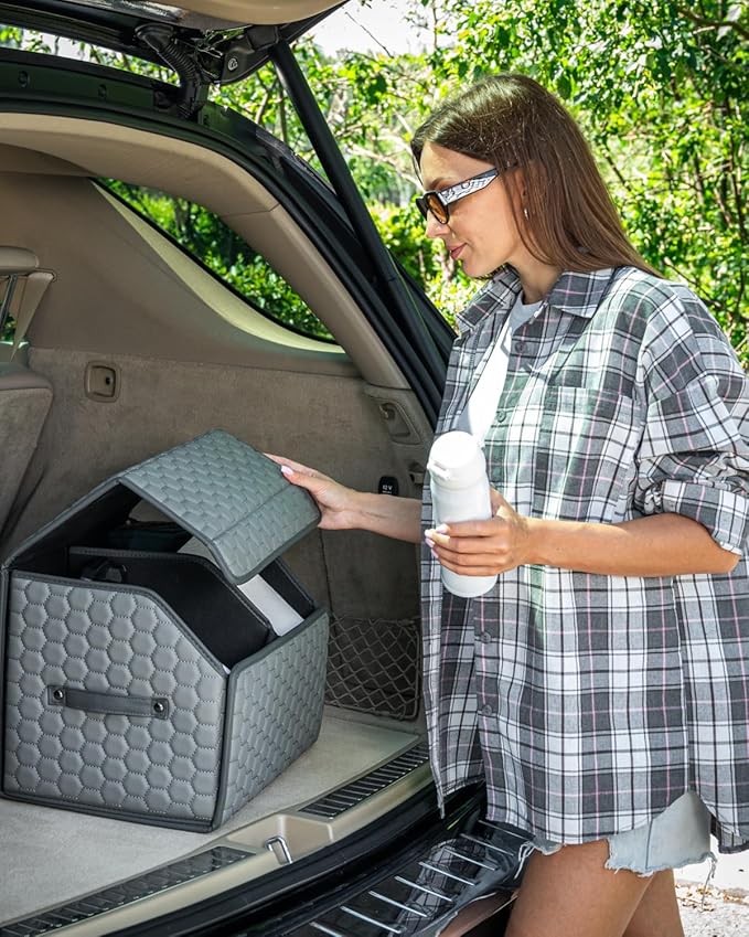 Owleys Foldable Trunk Organizer For Car - Trunk Organizers Car Storage - Collapsible Auto Trunk Organizer With Lid - Small And Large Cargo Organizer - Trunk Organization (Gray 21)