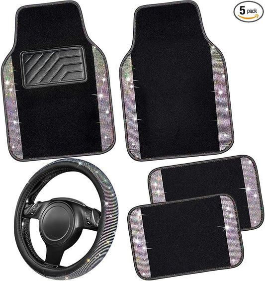 CAR PASS Bling Diamond Leather Steering Wheel Cover 14.5in-15in Floor Mats Shining Rhinestone Carpet Sparkly Glitter Crystal Anti-Slip Pad Fit Automotive SUV Pickup Truck Girl Women, 5pcs Multicolor