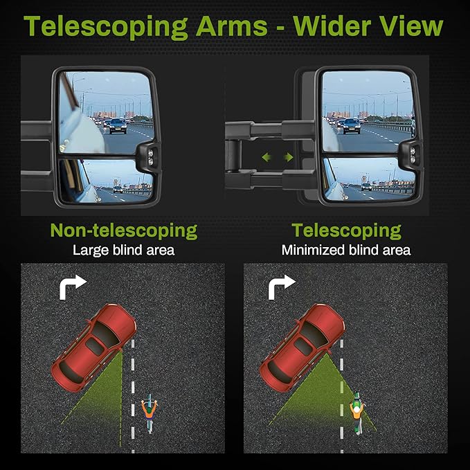 AUTOSAVER88 Towing Mirrors Compatible with 2014-2018 Chevy Silverado GMC Sierra 1500 2500HD 3500HD, LED Tube Turn Signal Light Power Heated Telescoping Tow Mirrors Pair Set-Chrome