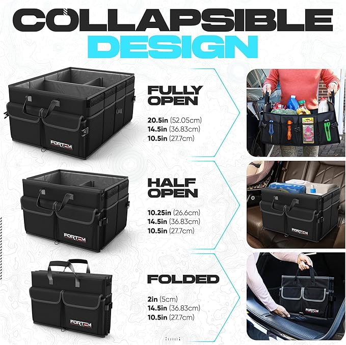 FORTEM Car Trunk Organizer, Collapsible Multi Compartment SUV Organizer, Foldable Storage for Car Accessories for Women Men, 600D Oxford, Non Slip Bottom, Securing Straps, Soft Cover (50L)