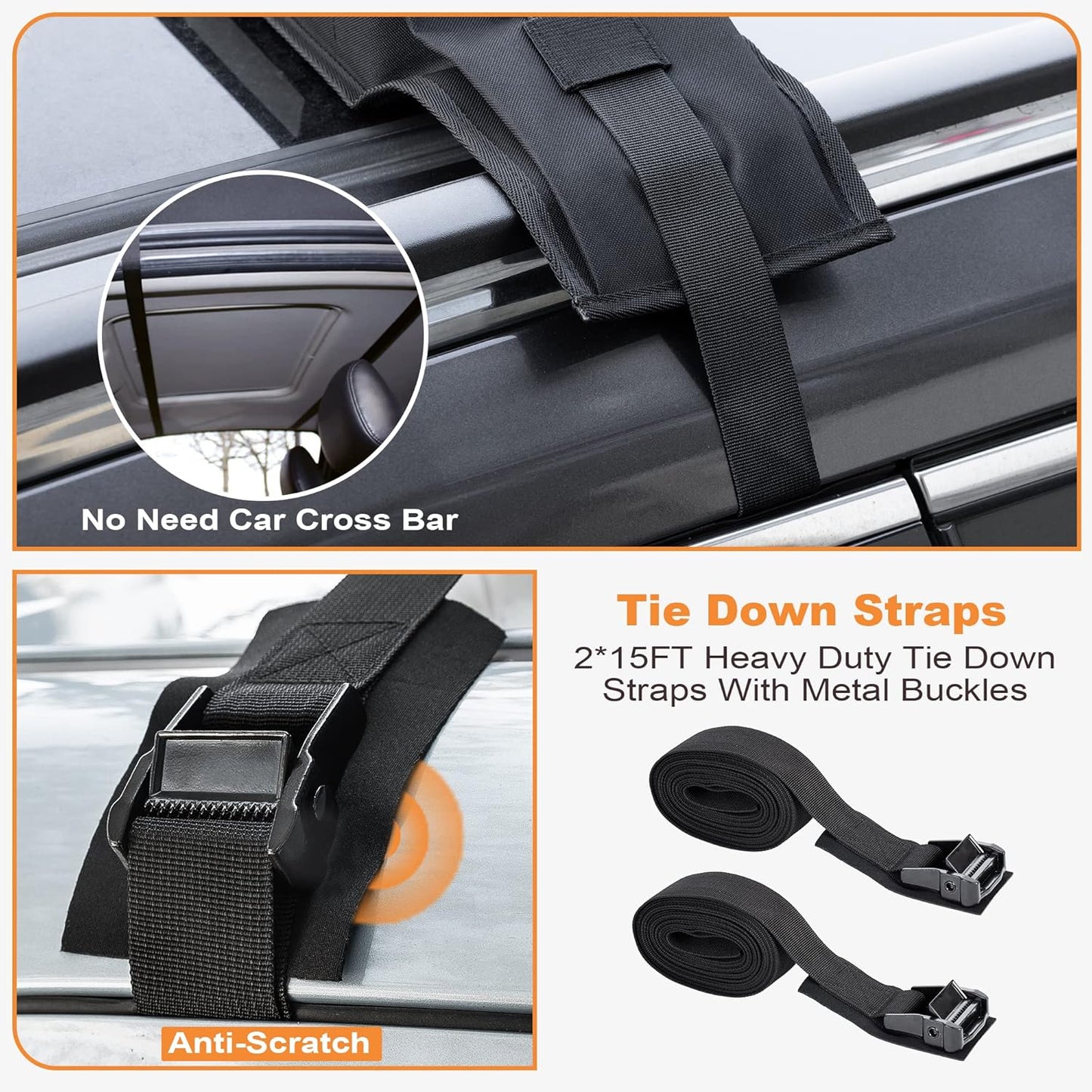 Golkcurx Universal Soft Roof Rack Pads for Kayak,Surfboard, SUP, Canoe, Snowboard with15FT Tie-Down Straps*2 and Storage Bag*1 (Black)