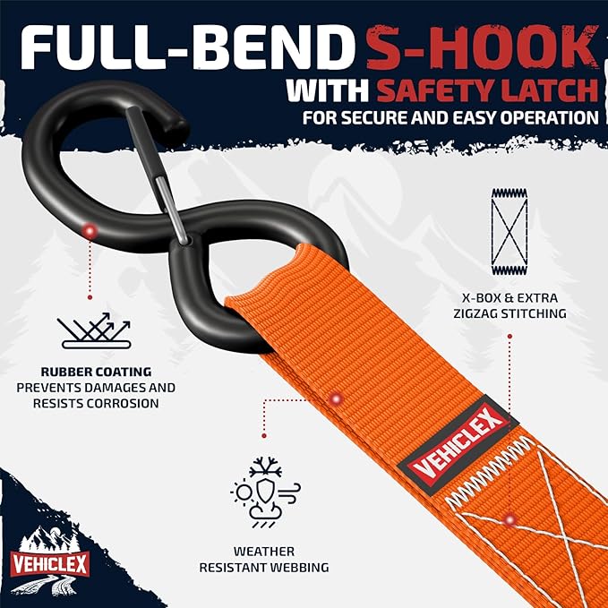 Ratchet Tie-Down Straps Set - (1" x 15', 2200lbs Breaking Strength) - Vehiclex Soft Loops, Coated S-Hooks, Storage Bag for ATV, Motorcycle, Bicycle, Kayak, Cargo Securing, Orange