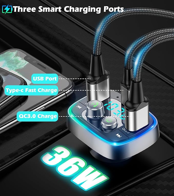 LIHAN USB C Bluetooth Car Adapter, AUX Wireless FM Radio Transmitter, Hands-Free Calling & Audio Receiver, MP3 Music Player, QC3.0 & Type-C PD Fast Charging,7 Colors LED Backlit, Support USB/TF Drive