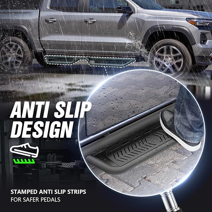 Running Boards Side Steps Compatible for 2015-2025 Chevy Colorado & GMC Canyon Crew Cab (4 Full Size Doors), Two Stairs Design Bolt-on Side Rails Step Nerf Bar (Black Powder Coated-Star Logo)