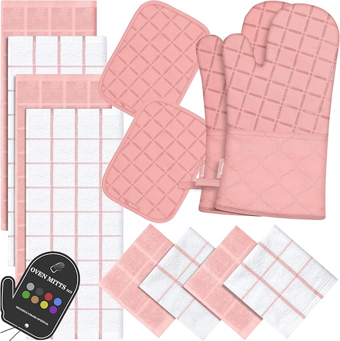 Oven Mitts Pot Holders Sets/Kitchen Towels and Dishcloths, Oven Gloves Kitchen Dish Towels 500 Degree Heat Resistant Potholders with Non-Slip Silicone Surface for Cooking, Grilling, Baking-Pink