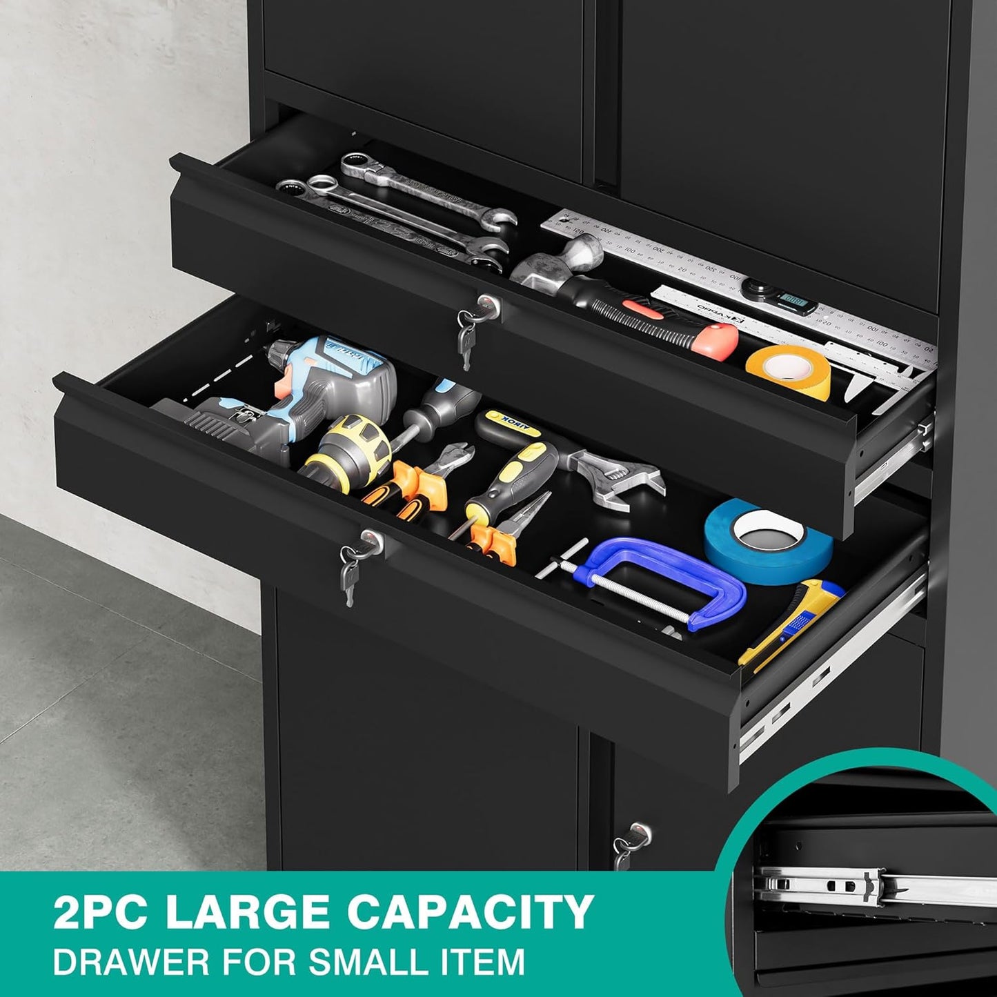 Metal Storage Cabinet with Drawer and Locks,Black Garage Storage Cabinet with Locking Doors and Adjustable Shelves,71" Tall Large Metal Cabinets with Magnetic Door for Home,Office,Garage