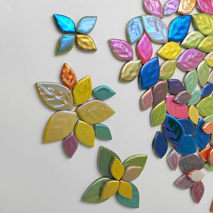1.1LB Random Iridescent Leaves Ceramics Mosaic Tiles, Making Creative 3 Size Ceramic Mosaic Pieces for DIY Craft,Flowerpots, Vases, Cups, Garden Decor Mosaic Making Supplies (Flowers + Leaves)