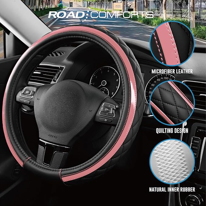 Road Comforts Leather Steering Wheel Cover – Black & Pink, Universal Fit 14.5-15 Inch, Microfiber Leather, Anti-Slip & Breathable Design for Men and Women