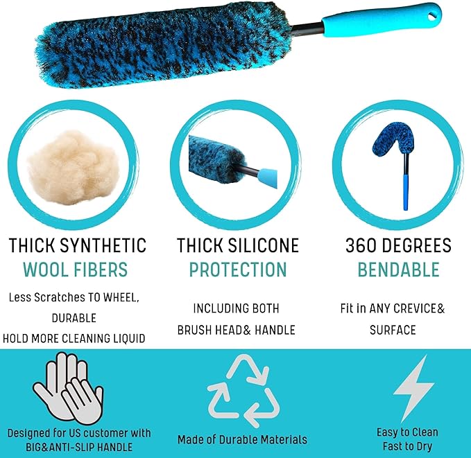 PRO Choice 4 Pack Long Handle Wheel Brush Kit for Cleaning Wheel and Tire- 2X Soft Wheel Cleaning Brush, Detailing Brush and Stiff Tire Brush