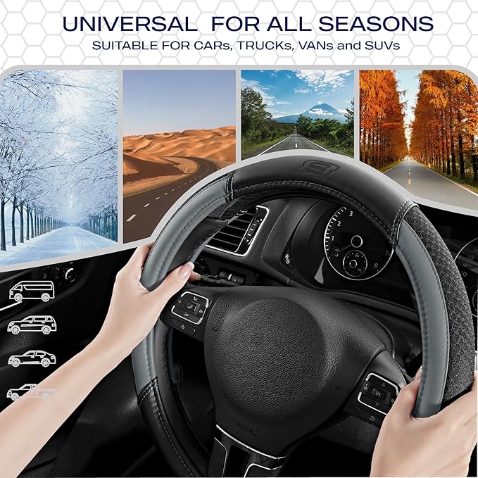 Skechers Air-Cooled Steering Wheel Cover,Leather Car Steering Wheel Cover Universal Fit 14" 1/2-15" Car Wheel Protector for Men Women Fit Suvs,Vans,Sedans,Car,Trucks,Gray