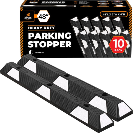 Xpose Safety 48" Heavy Duty Rubber Parking Stopper – 10 Pack Wheel Blocks for Garage, Driveway, or Ramp – Car Bumper Stop with White Reflective Strips – Removable Floor Mount