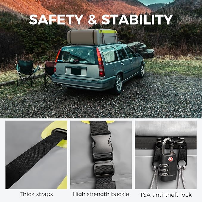 WELKIN Heavy Duty Rooftop Cargo Carrier Bag - 15 Cubic Waterproof Car Roof Bag for All Vehicles with/Without Rack - Includes Anti-Slip Mat, 6 Door Hooks, TSA Lock & Storage Bag - Reinforced Straps