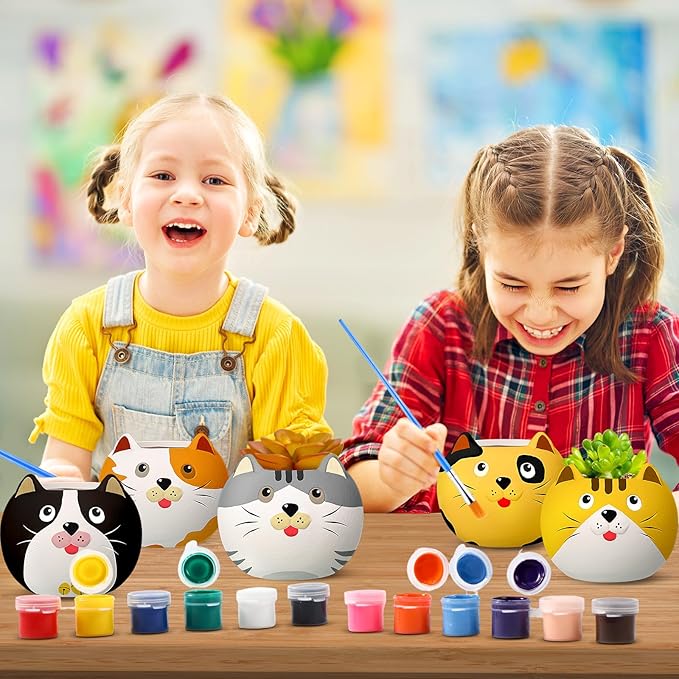 Pasimy 6 Set DIY Ceramic Succulent Planter Pots Paint Your Own Flower Pots Craft Kit Unpainted Bisque Paintable Flowerpot with Brush Palette Ready to Paint for Family Activity Gift(Cat)