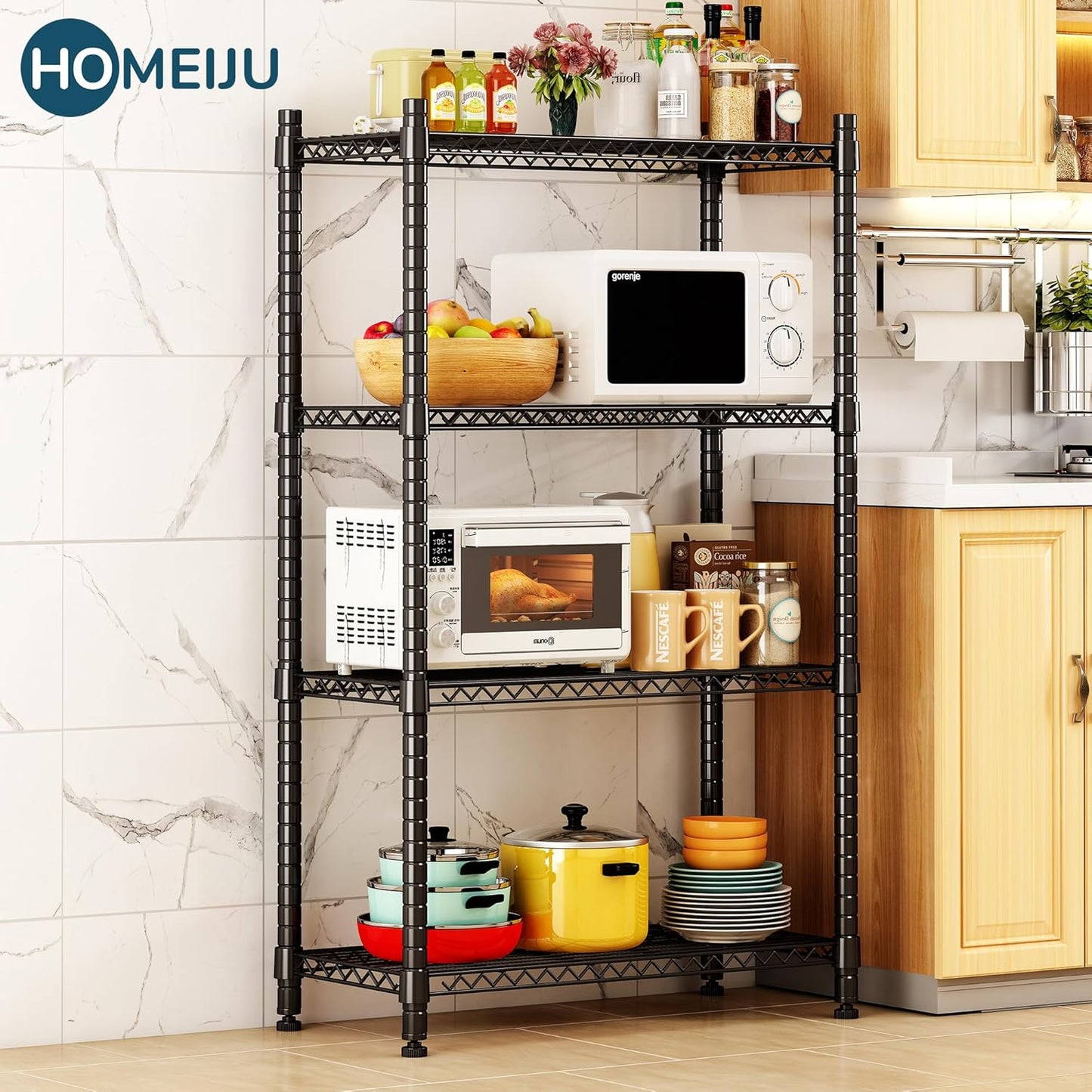 Homeiju 4 Tier Shelving Unit,Heavy-Duty Height Adjustable Storage Rack 1300 LBS Capacity with Adjustable Feet ,Metal Storage Shelves Wire Shelf for Kitchen Garage Laundry ,13.77"D x 35.43"W x 54.33"H