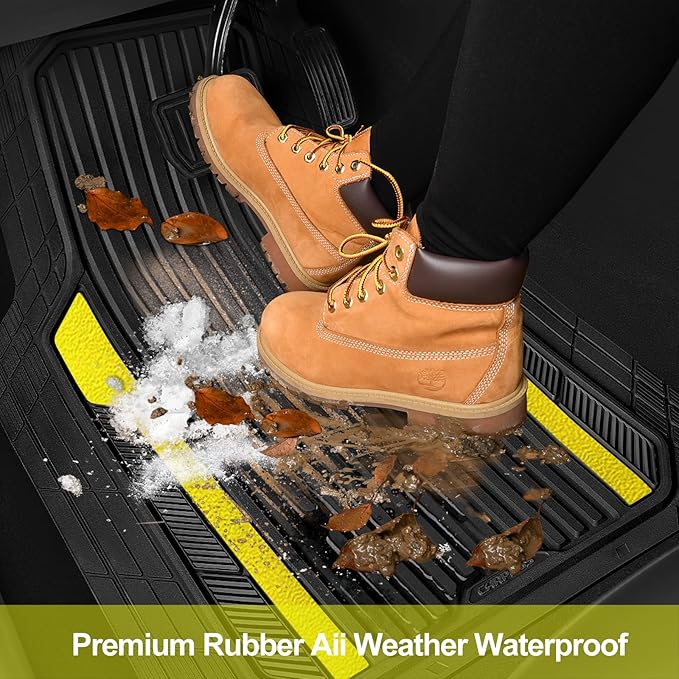 CAR PASS Yellow Car Mats Metallic, Aluminum Film All Weather Rubber Lemon Yellow car Floor Mats Waterproof Universal Trim to Fit SUV Sedan Van Truck 4 Piece Deep Dish Heavy Sporty Black Yellow Chrome