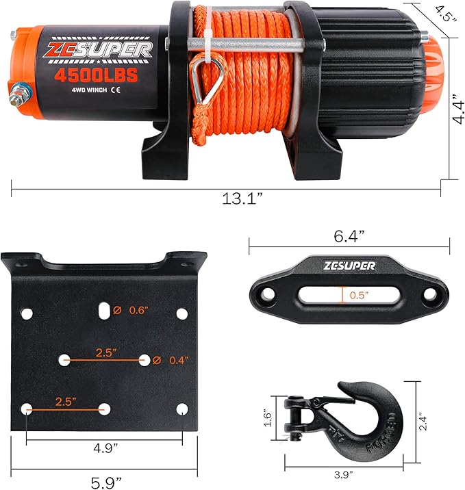 ZESUPER 4500 lb Winch Waterproof IP67 Electric Winch with Wireless Remote Synthetic Winch Rope Hawse Fairlead Handheld Remote ATV UTV Winches 12V Portable Power Winch